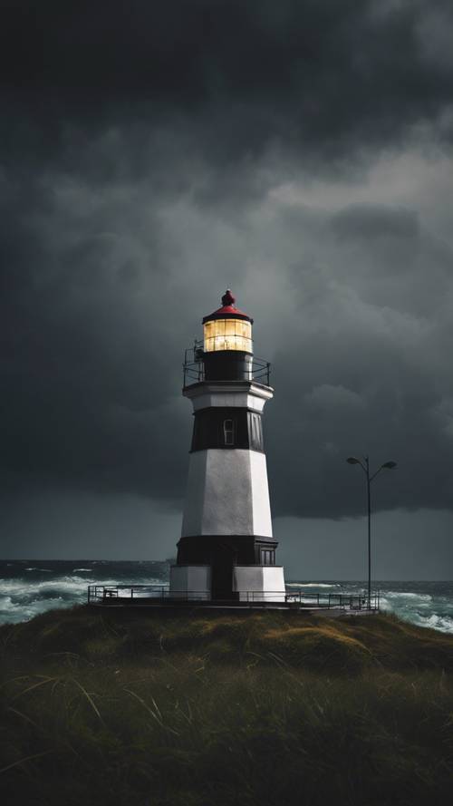 A solitary lighthouse shining brightly against a black stormy sky.