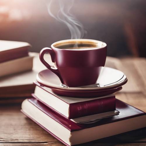 Стопка бордовых книг в твердом переплете на деревянном столе рядом с чашкой кофе.