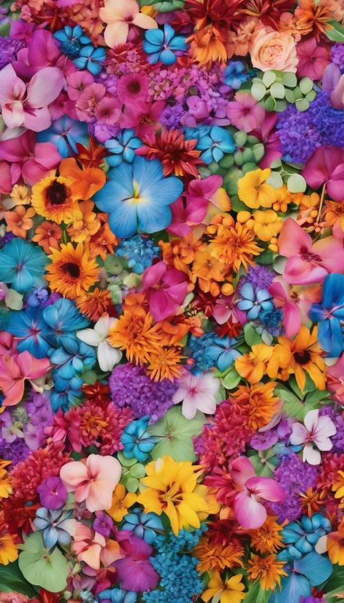 Eine Reihe tropischer Blumen in allen Regenbogenfarben, angeordnet in der Form eines großen Herzens.