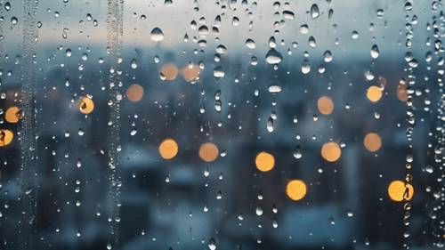 Primo piano delle gocce di pioggia che scorrono lungo il vetro di una finestra, con un paesaggio urbano sfocato sullo sfondo.