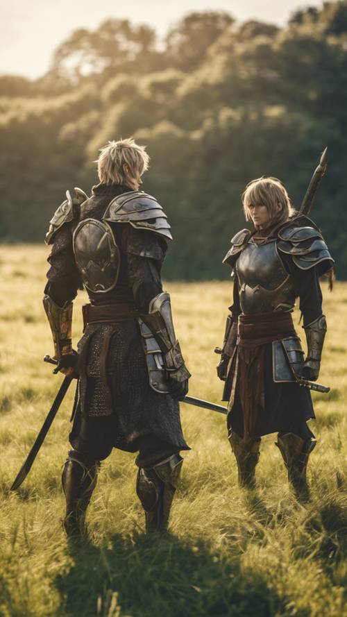 اثنان من المحاربين الشجعان بأسلوب الرسوم المتحركة يقفان وجهاً لوجه في حقل عشبي مضاء بنور الشمس، جاهزين للمعركة.