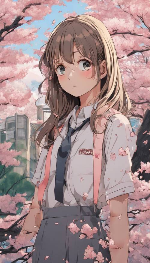 A hand-drawn classic anime-style depiction of a saddened schoolgirl, cherry blossoms falling in the background. Tapeta [2fd3a2b49e8c4490961e]