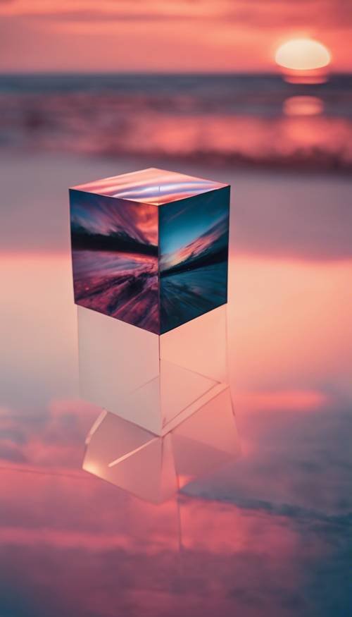 Una vista de cerca de un cubo con superficies espejadas que reflejan un cielo de atardecer vibrante.