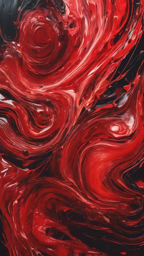 Lukisan abstrak menakjubkan yang terdiri dari pusaran dan percikan warna merah neon yang mencolok.