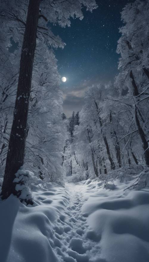 Ein schneebedeckter Wald inmitten einer friedlichen Winternacht mit einem Vollmond, der hell am Sternenhimmel leuchtet.