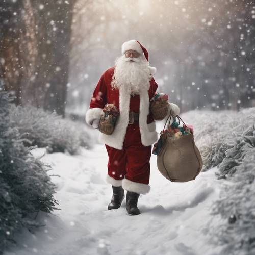 A 1920s vintage Santa Claus carrying a sack brimming with toys as snow gently falls around him.