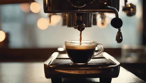 Un trago de espresso sacado de una máquina de espresso antigua en una cafetería atmosférica y con poca luz.