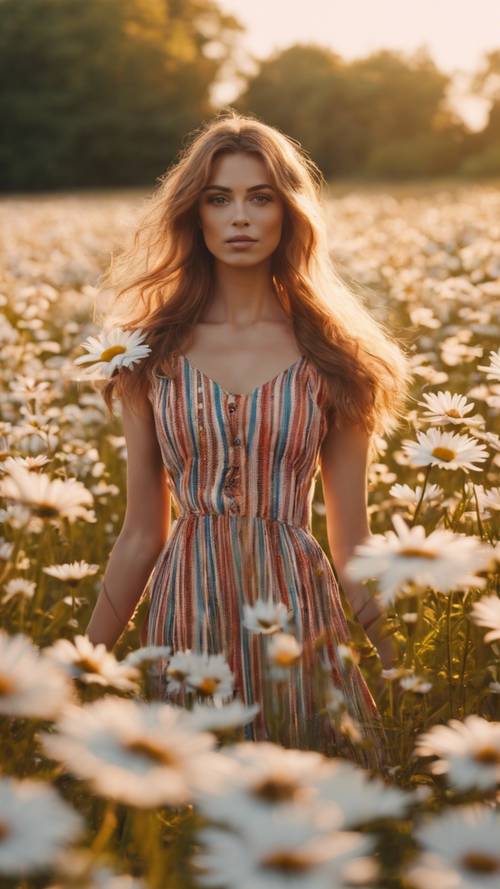 A woman with a vivid striped floral dress posing in a sunset-lit field of daisies.