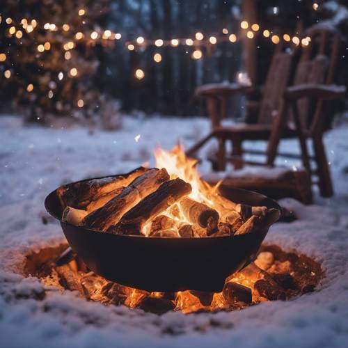 A freshly lit fire crackling in an outdoor fire pit, around which a family bakes marshmallows on a winter night.