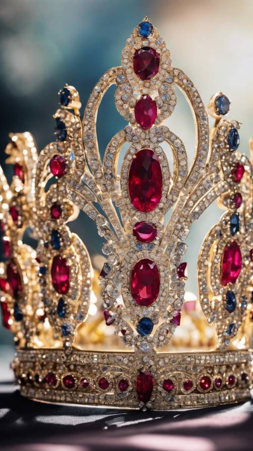 Um close de uma coroa de Miss Universo lindamente decorada, adornada com rubis, diamantes e safiras de todo o mundo.
