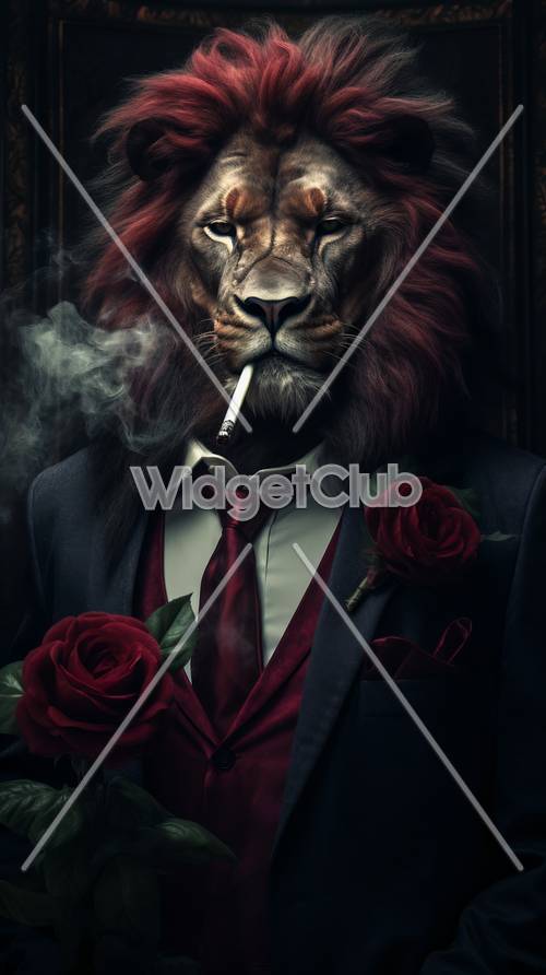 ライオンがスーツを着てバラとタバコを持っている壁紙