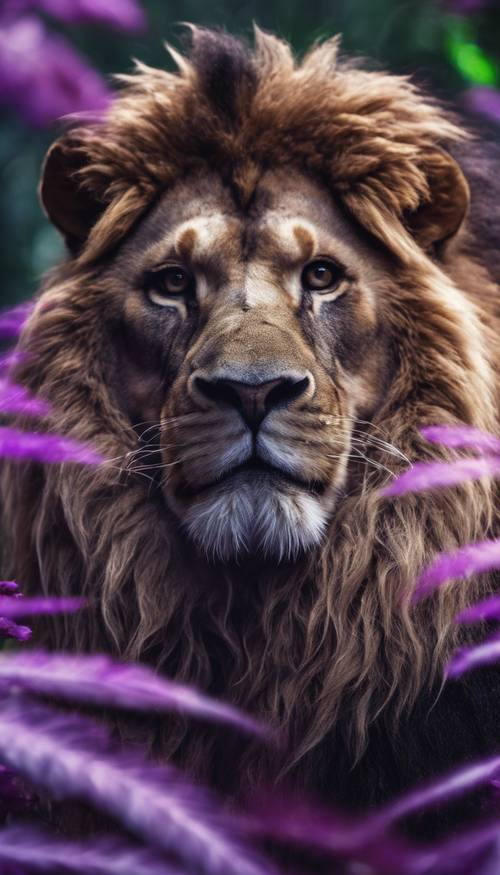 Un león temible y musculoso de tonalidad violeta en el corazón de una densa jungla.