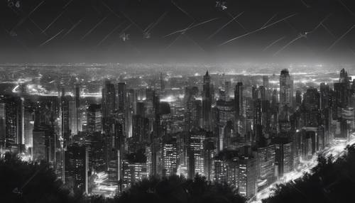 Uma fotografia em preto e branco de uma paisagem urbana à noite, com as luzes da cidade cintilando como estrelas.