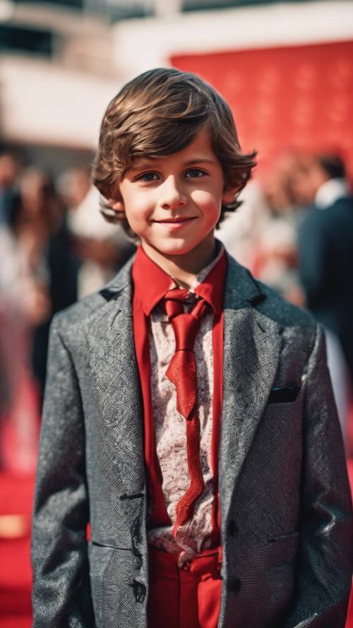 Chłopiec w modnym stroju pozujący na czerwonym dywanie na premierze filmu.