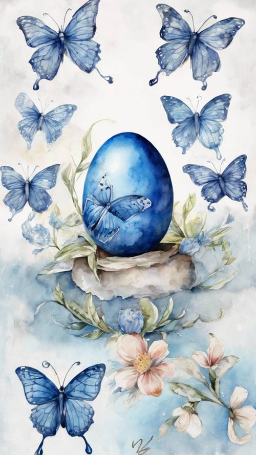 ציור בצבעי מים מצוייר ביד של ביצת פסחא כחולה מעוטרת במוטיבים של פרפרים.