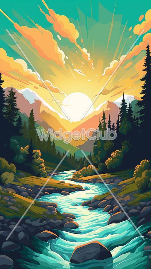 森の景色で見るカラフルな日の出 壁紙
