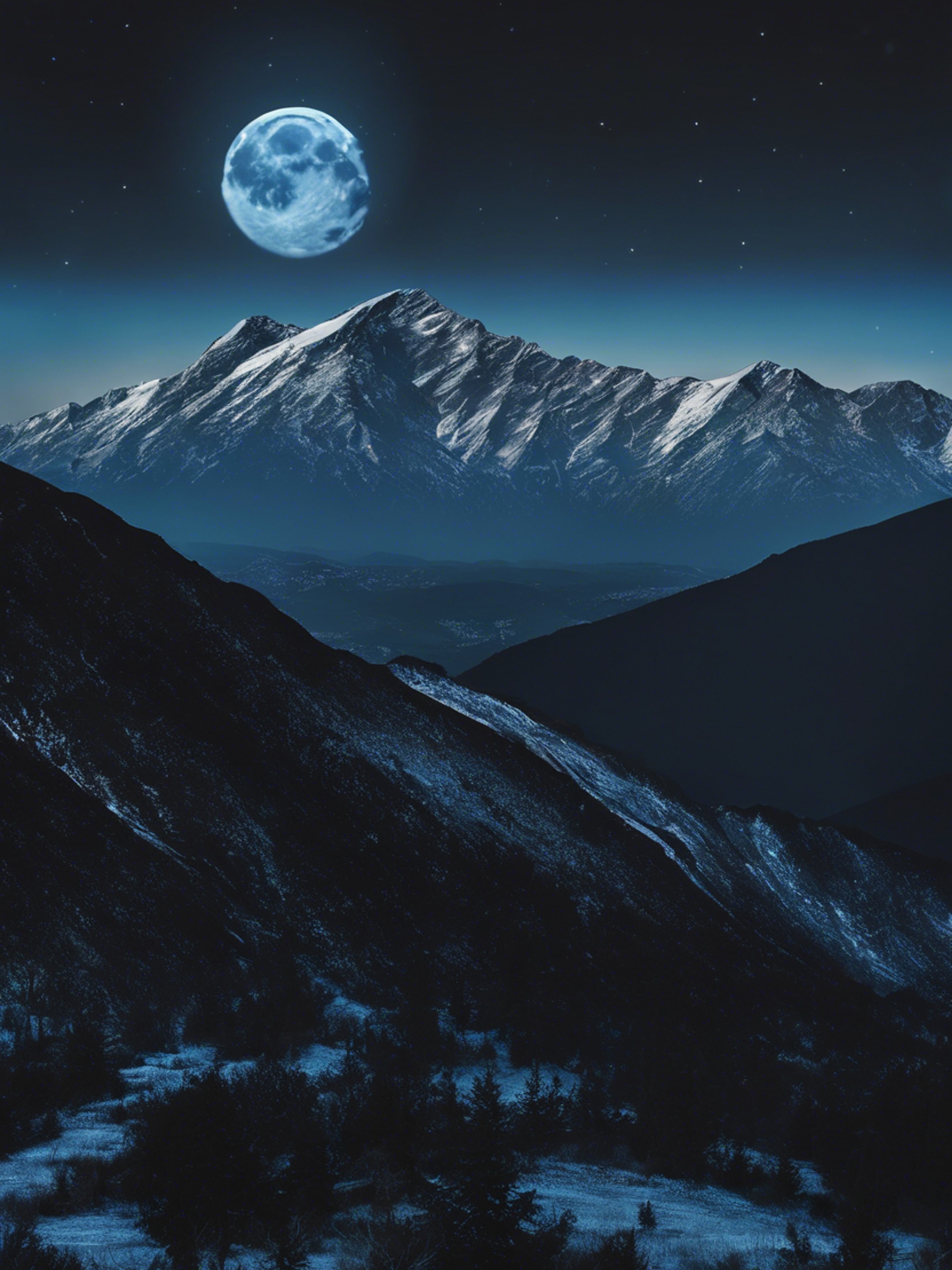 A calm blue moon illuminating the black silhouette of a serene mountain range. Tapéta[e9e6a71abde94eeebdbf]