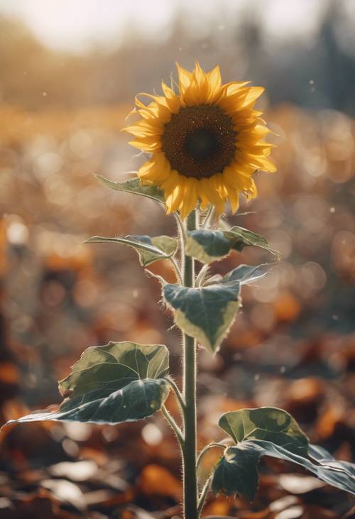 Pemandangan musim gugur dengan sekuntum bunga matahari yang berjuang melawan hawa dingin yang akan datang. Wallpaper [d20b86444c2142b79917]