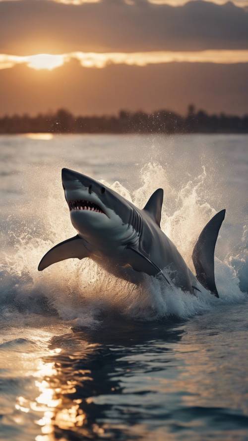A large and powerful shark leaping out of the water to catch its prey under the glowing dusk sky.