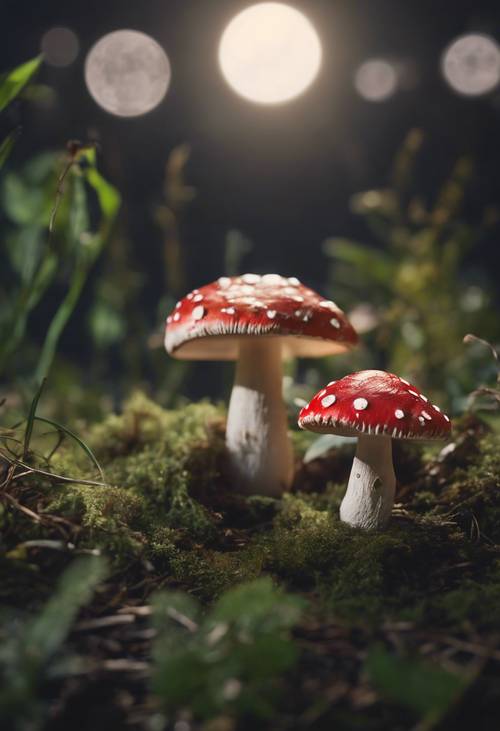 A quaint, cottagecore scene of a toadstool ring illuminated by soft moonlight, creating a mythical atmosphere. Tapetai [702468b5e3f444e58d70]