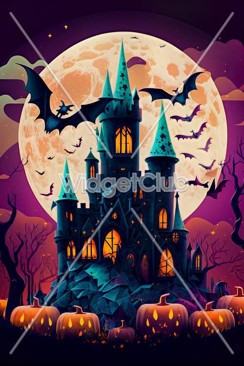 Castelo assustador sob a lua cheia com morcegos voando