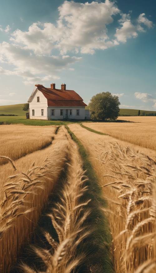 Una escena rural de verano con un camino de tierra que conduce a una casa de campo clásica, rodeada de campos de trigo alto y dorado bajo el cielo azul brillante.