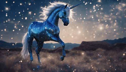 Seekor unicorn berkilauan dalam warna biru dan perak, melemparkan surainya di bawah langit malam yang bertabur bintang.