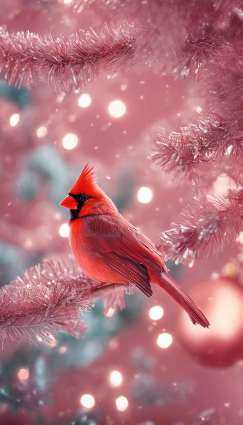 Un hermoso cardenal rojo sentado en una rama de un árbol de Navidad de color rosa pastel.