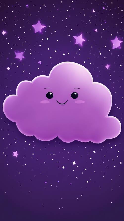 Uśmiechnięta chmura kawaii w kolorze ciemnofioletowym, otoczona fioletowymi gwiazdami błyszczącymi na nocnym niebie.