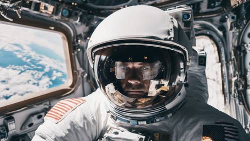 Ein Foto, aufgenommen von der Internationalen Raumstation. Die Erde spiegelt sich im Helmvisier des Astronauten, während ein Anime-Zitat über die Sicht schwebt.