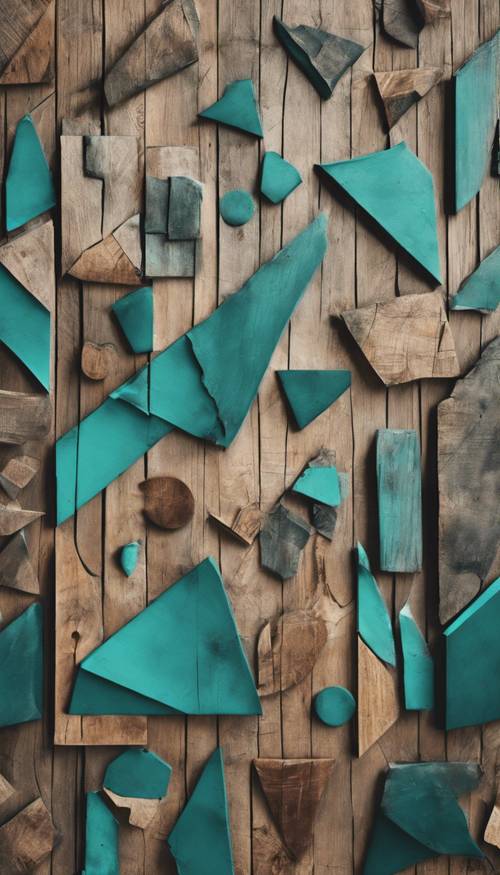 Una obra de arte abstracta de formas geométricas de color verde azulado sobre una pared de madera rústica.