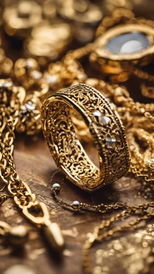 A piece of vintage gold metallic jewelry intricately designed.