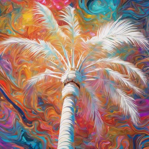 Dönen, psychedelic renklerden oluşan bir fonun önünde beyaz bir palmiye ağacının soyut bir resmi