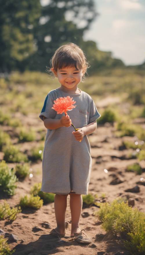 ילד צעיר מציג פרח אלמוגים עם חיוך בהיר.