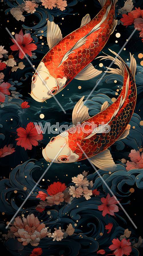 Красочные рыбы кои плавают в темной воде с цветами