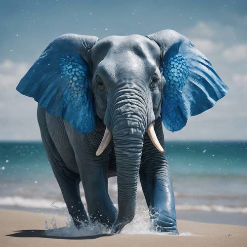 Un pezzo trasformativo con un elefante blu che si trasforma da un&#39;onda dell&#39;oceano.