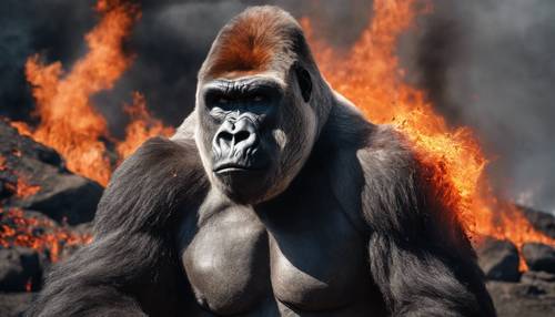Gorila punggung perak yang ganas memukuli dadanya untuk menunjukkan kekuatan di tengah latar belakang gunung berapi yang berapi-api.