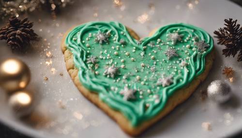 Um biscoito de Natal em formato de coração com cobertura verde e granulado prateado.