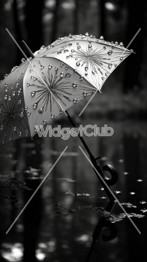 비오는 날 연못가의 우산