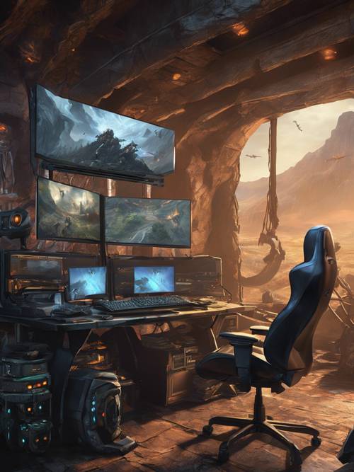 A gaming setup with ultra-wide black monitors displaying epic battles from an adventurous RPG game.