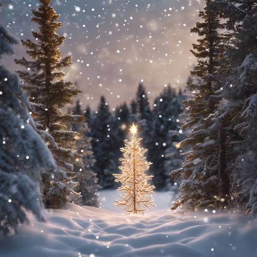 Scena z kartką okolicznościową przedstawiająca pokryty śniegiem brązowy las świerkowy z jasną gwiazdą bożonarodzeniową świecącą na niebie.