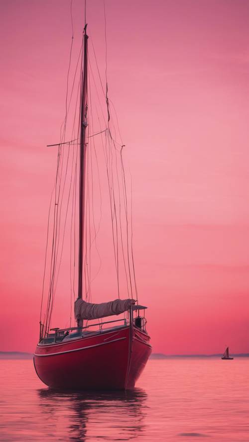 黎明时分，一艘深红色的帆船矗立在粉红色的海面上。