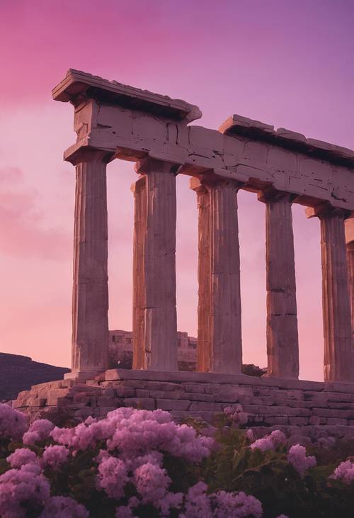 The ruins of the Parthenon set against the backdrop of a purple and pink sky at dusk.