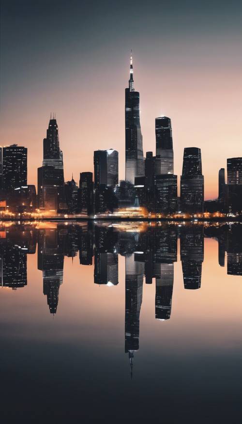 Bellissima scena geometrica minimalista che mostra lo skyline della città di notte con le luci degli edifici riflesse nell&#39;acqua.