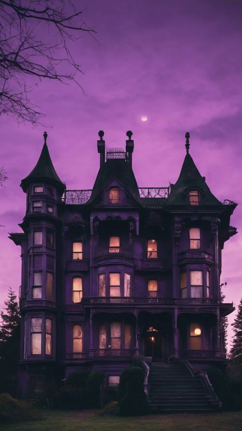 An old creepy Victorian-era mansion silhouetted against twilight's smoky purple sky.