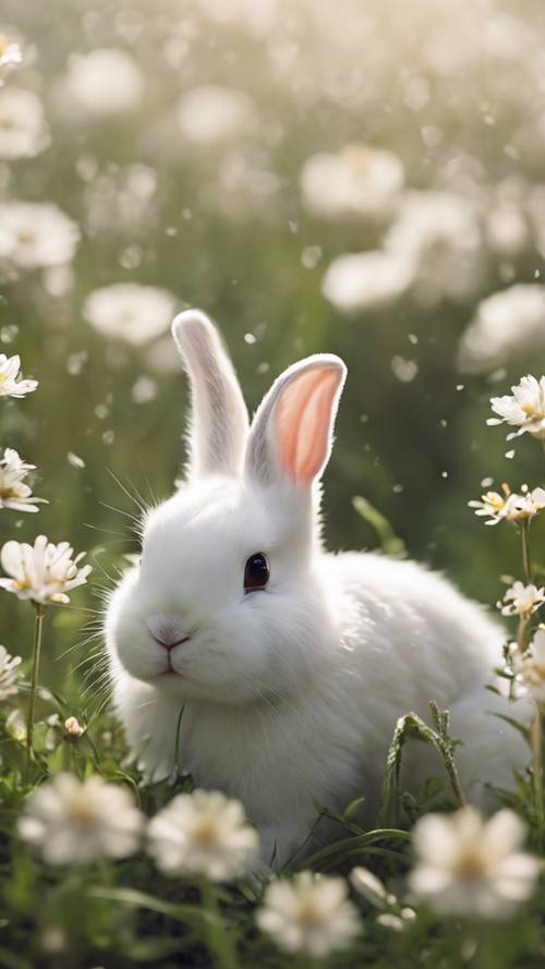 A group of white baby rabbits huddled together in a flowery meadow during spring.