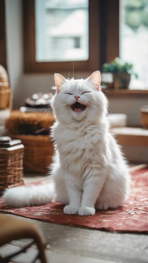 Пушистый белый японский кот потягивается и зевает на котацу.