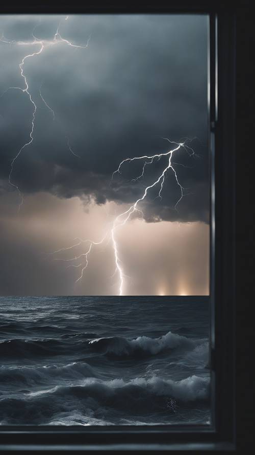 A dark, stormy sea lit by flashes of lightning viewed from a minimalist, black-framed window.