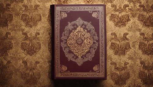 Um livro antigo com capa em tecido gótico damasco em bordô profundo, decorado com intrincados padrões dourados