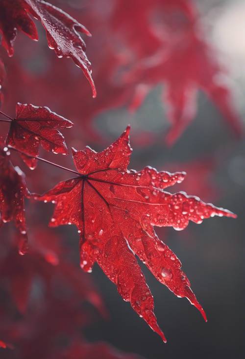Szczegółowe ujęcie karmazynowego czerwonego liścia klonu pokrytego poranną rosą.